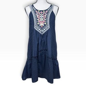 Maeve Embroidered Eyelet Dress‎ Women 0 Navy Blue Tiered Cotton Sleeveless Shift